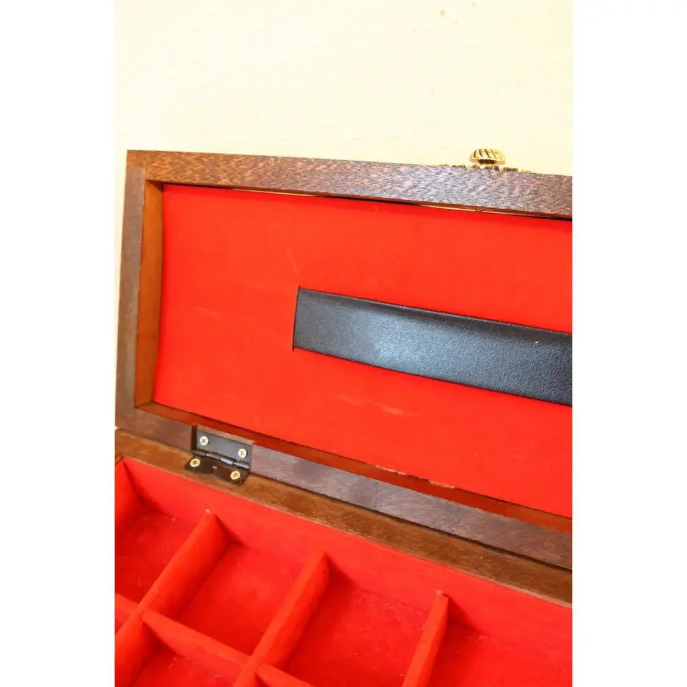 Vintage Nautical Wood Valet Jewelry Box Brass Ship Wheel Inlay Red Felt Lining